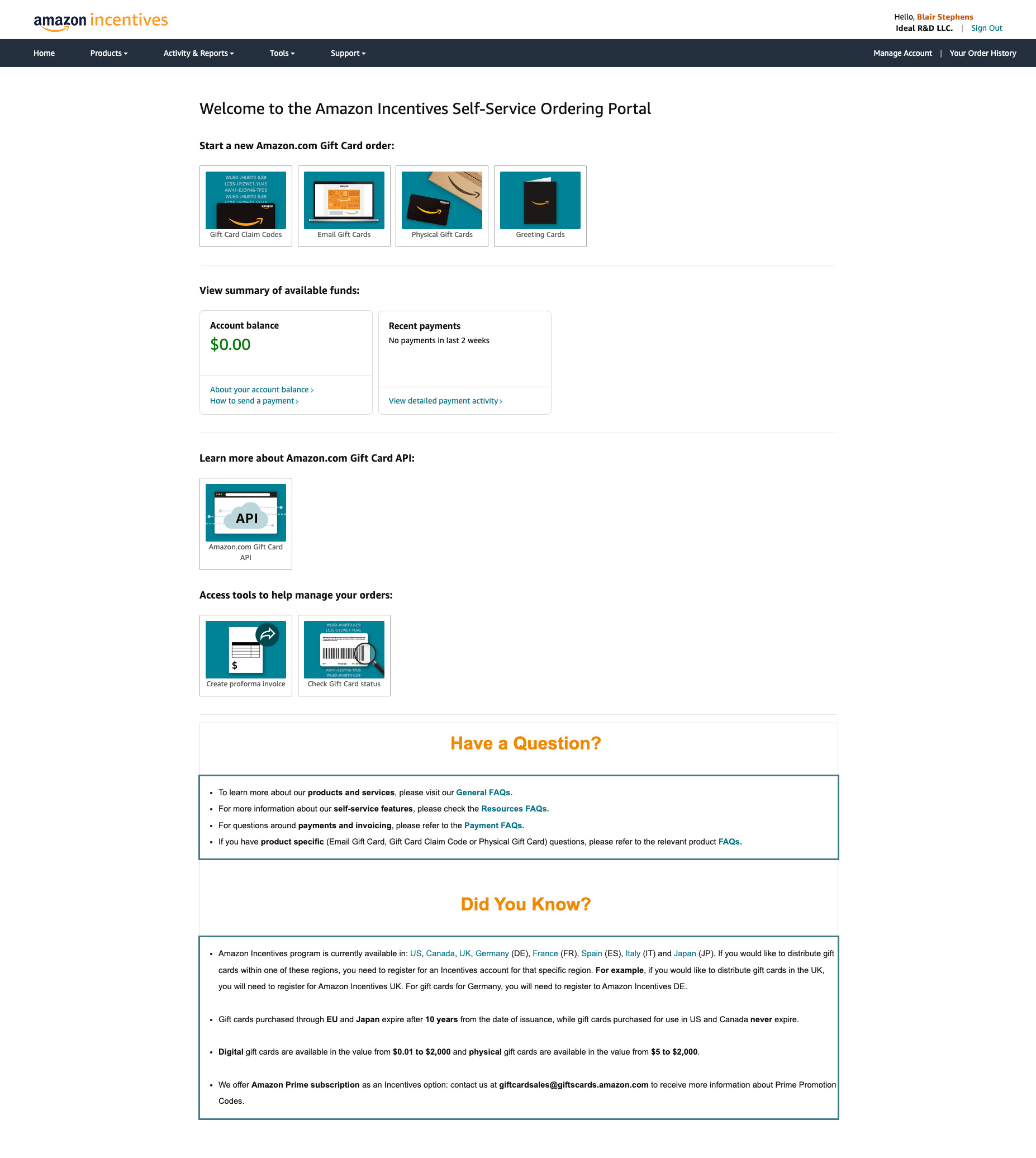 Before state of gift cards landing page