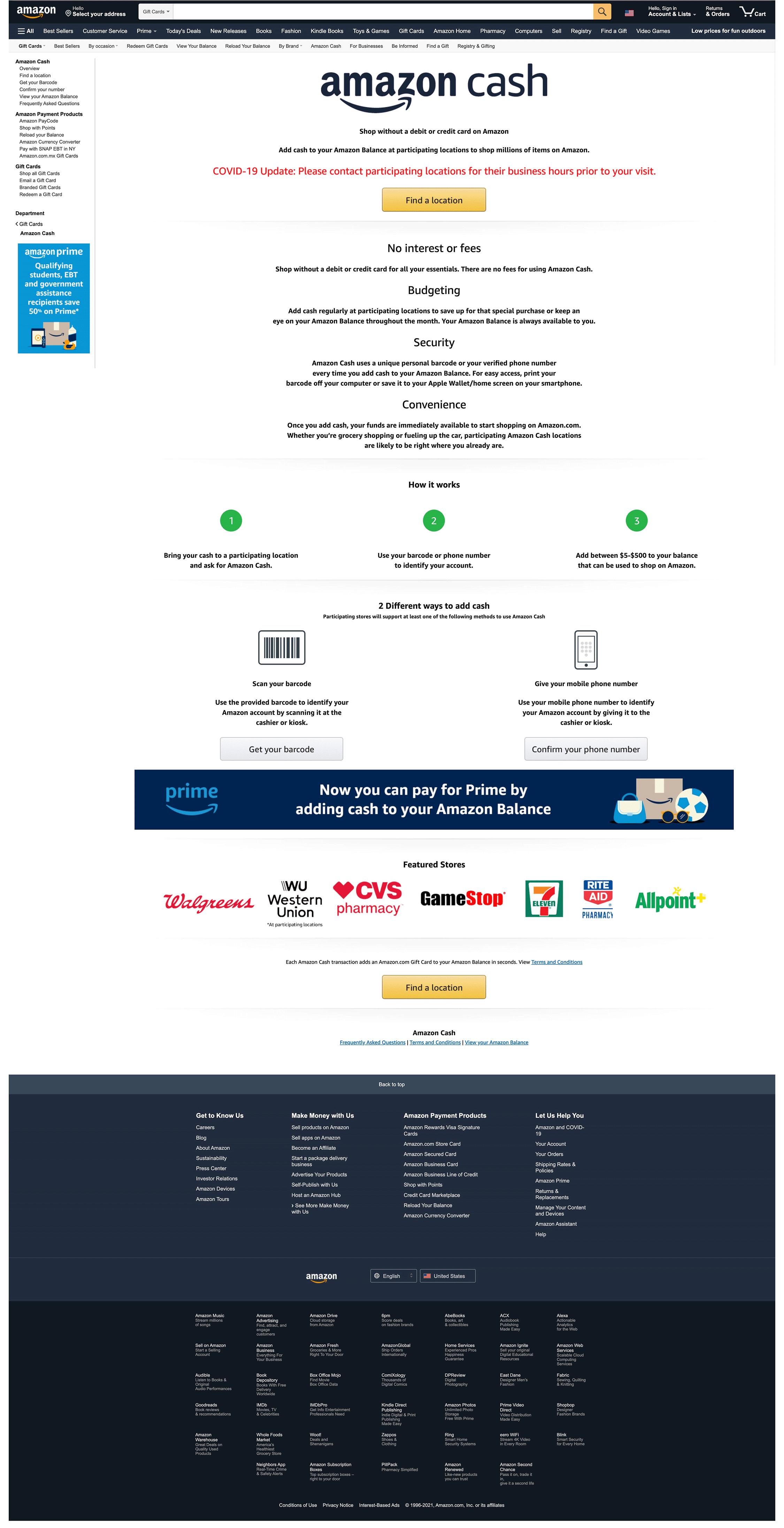 before view of Amazon Cash homepage